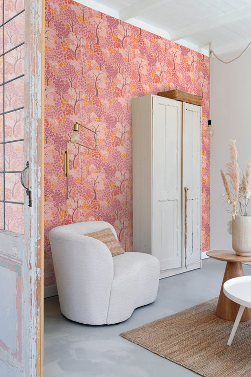 ESTAhome behang bomen en bloemen roze, paars en oranje - 50 x 900 cm - 131188 - vtwonen shop