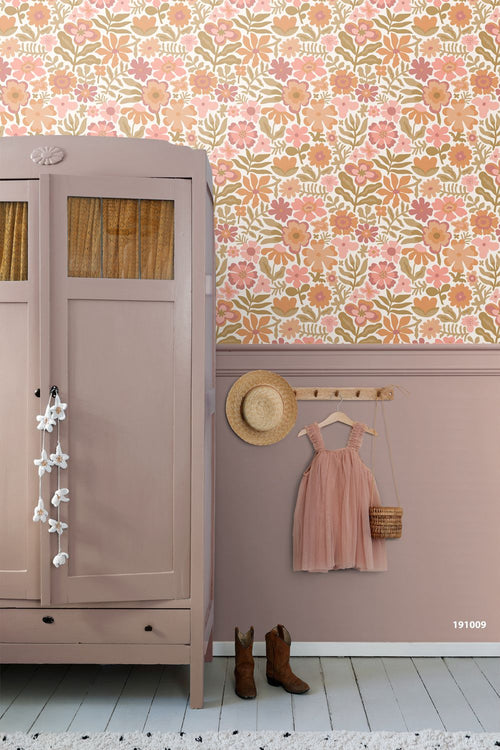 ESTAhome behang bloemetjes oranje en roze - 50 x 900 cm - 132291