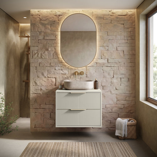 Badplaats Wastafelkast Rimini 60 cm – Beige – Hangend Badmeubel met 2 Lades en Gouden Handgrepen