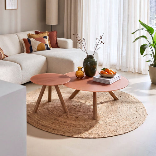 Giga Meubel Salontafel Felix Terra – Rond – Glas en Metaal – Set van 2