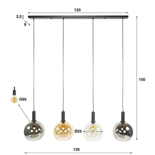 Giga Meubel Hanglamp Sfera Tricolore - Zwart Metaal - 4-Lichts - 25x135x150cm