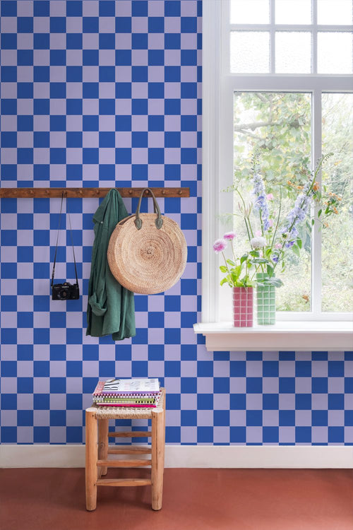 ESTAhome behang geblokt motief lila paars en koningsblauw - 53 cm x 10.05 m - 130917