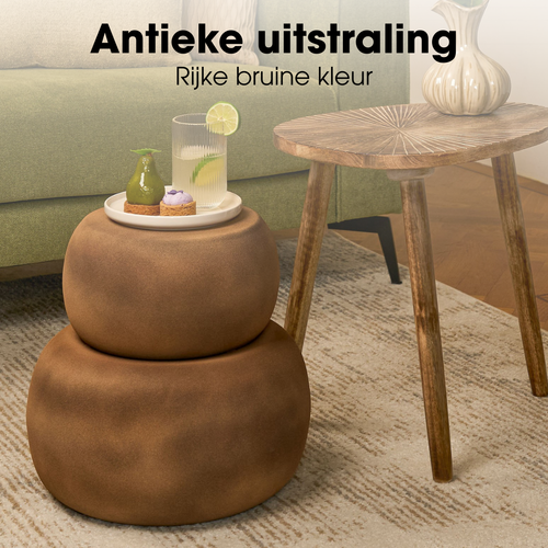Mica Decorations Zea Bijzettafel - Bijzettafeltje Rond - Woonkamer Decoratie - 37 x 43 cm - IJzer, MDF, Fluweel - Bruin Antiek