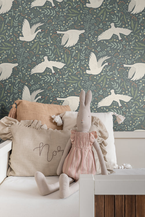 ESTAhome behang zwanen vergrijsd blauw en wit - 53 cm x 10.05 m - 139798