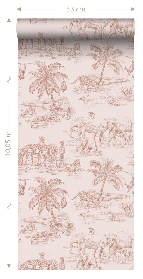 ESTAhome behang jungle dieren terracotta roze - 53 cm x 10.05 m - 139348 - vtwonen shop