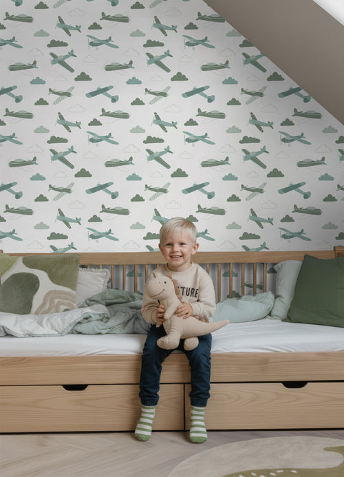 ESTAhome behang vliegtuigen vergrijsd groen en blauw - 50 x 900 cm - 139804