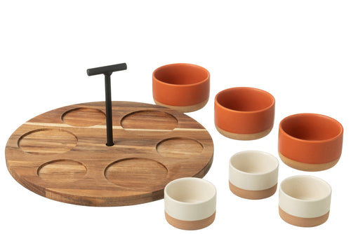 J-Line tapasplank 6 kommen + bambouschaal In Doos - keramiek/hout - wit/oranje