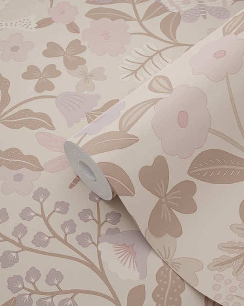 ESTAhome behang bloemen en vogels taupe en lila paars - 50 x 900 cm - 132231