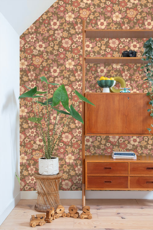 ESTAhome behang retro bloemen rood en bruin - 50 x 900 cm - 131530 - vtwonen shop