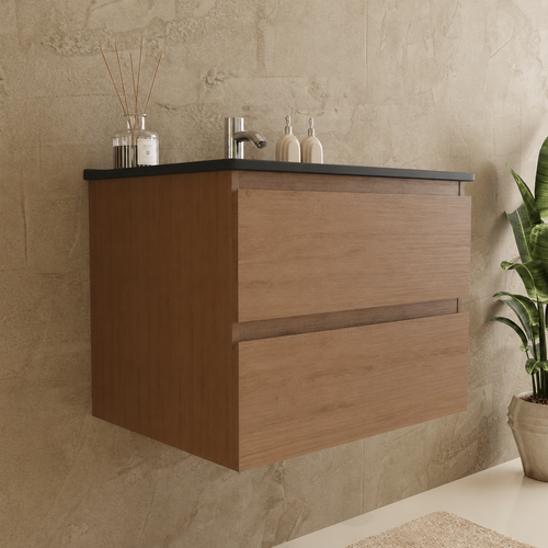 LOMAZOO badkamermeubel Marenza - zwevend - zwart keramiek - warm eiken - 60 cm