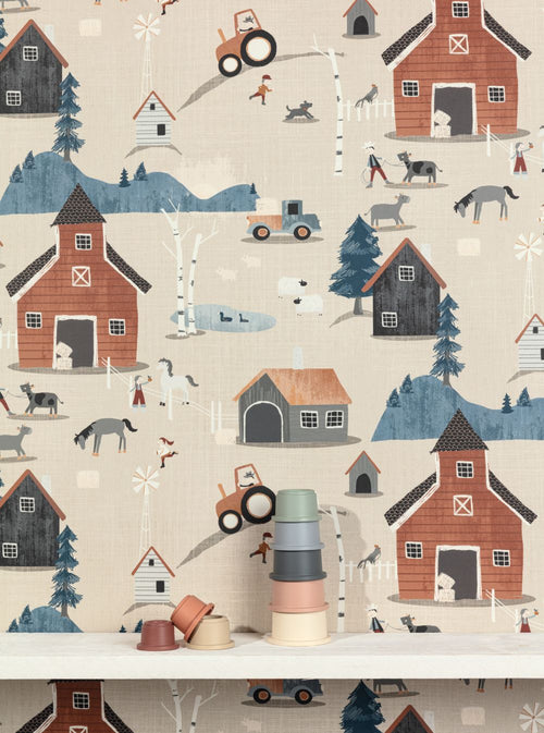 Masureel behang boerderij dieren beige en blauw - 53 cm x 10.05 m - 631861 - vtwonen shop