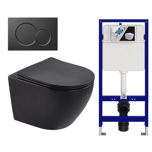 LOMAZOO hangtoiletset Linea - met inbouwreservoir & ronde drukplaat - rond - zwart