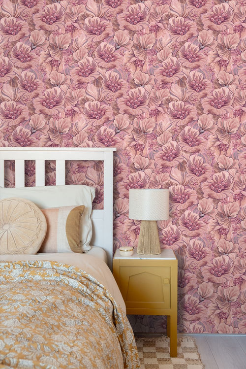 ESTAhome behang geborduurd bloemmotief paars en roze - 50 x 900 cm - 131293