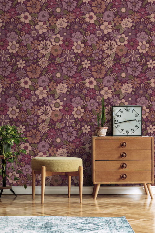 ESTAhome behang retro bloemen aubergine paars - 50 x 900 cm - 131638 - vtwonen shop