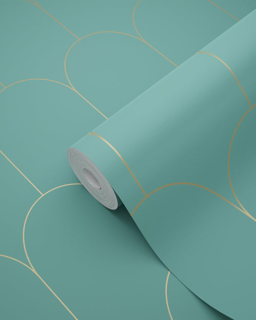 ESTAhome behang art deco motief zeegroen en goud - 53 cm x 10.05 m - 139204