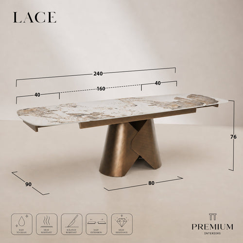 Premium Interiors - Uitschuifbare eettafel LACE - travertijnkeramiek travertijn 240cm
