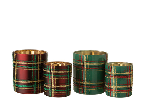 J-Line theelichthouder Geruit - glas - rood/groen - large - 2 stuks