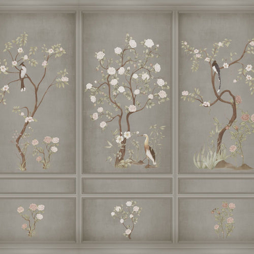 Sanders & Sanders fotobehang bloemen en vogels grijs - 318 x 280 cm - 640806