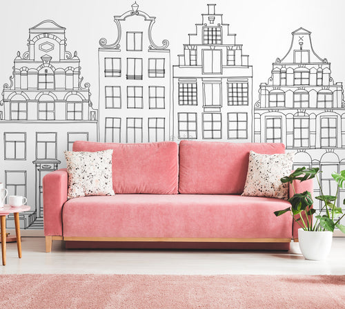 ESTAhome fotobehang getekende Amsterdamse grachtenhuisjes zwart en wit - 300 x 279 cm - 159103 - vtwonen shop