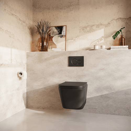 LOMAZOO hangtoiletset Linea - met inbouwreservoir & ronde drukplaat - vierkant - zwart