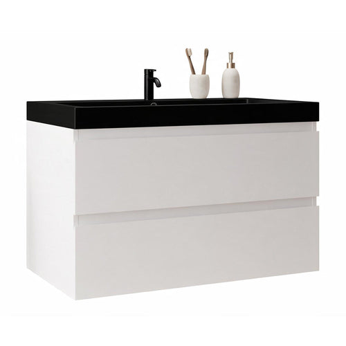 LOMAZOO badkamermeubel Monaco - zwevend met zwarte wastafel - glanzend wit - 80 cm