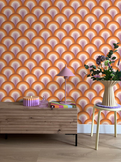 ESTAhome behang art deco bogen oranje en paars - 50 x 900 cm - 131772