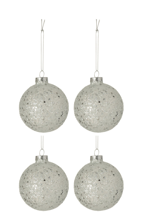 J-Line kerstbal Sterretjes - glas - zilver - medium - doos van 4