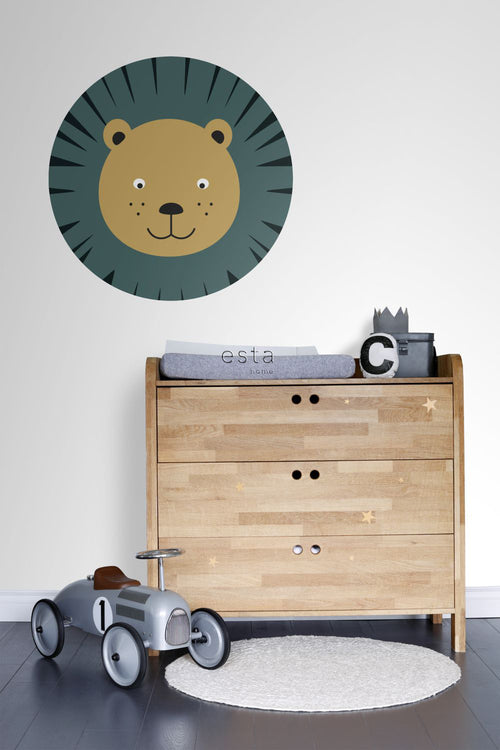 ESTAhome zelfklevende behangcirkel dierenkoppen petrolblauw en okergeel - Ø 70 cm - 158974