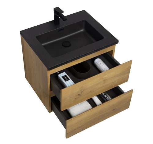 Badplaats Badkamermeubel Set Angela 60 cm – Eiken – Badmeubel met Zwarte Wastafel
