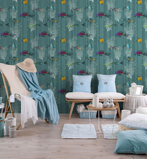 Walls4You behang vissen zeegroen en meerkleurig - 53 cm x 10 m - 640134