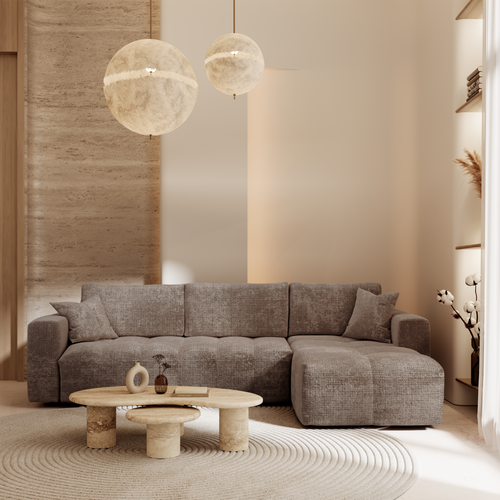Premium Interiors - Rechthoekige hoekbank met snelle slaapfunctie VIBE - gewaafd fluweel mol 286cm