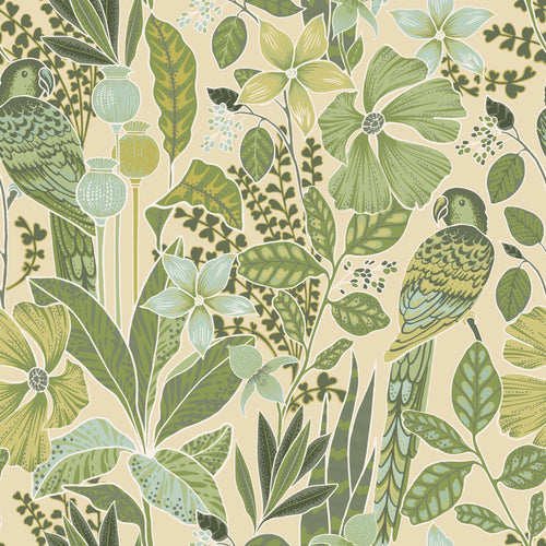 ESTAhome behang tropische bloemen en paradijsvogels vergrijsd groen - 50 x 900 cm - 131157 - vtwonen shop