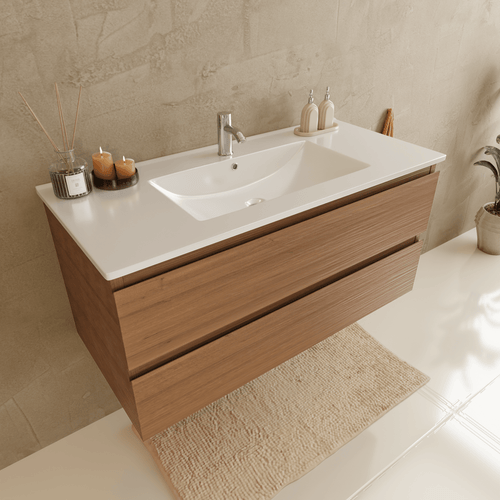 LOMAZOO badmeubelset Verona - met hoge kast & witte wastafel - warm eiken - 100 cm