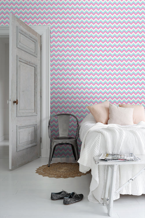 ESTAhome behang zigzag motief turquoise en roze - 53 cm x 10.05 m - 138136