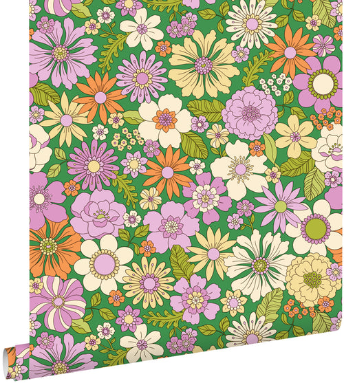 ESTAhome behang retro bloemen groen, paars, beige en oranje - 50 x 900 cm - 131808