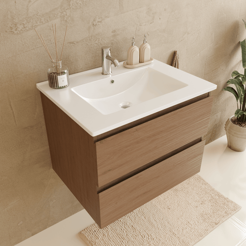 LOMAZOO badmeubelset Verona - met hoge kast & witte wastafel - warm eiken - 60 cm