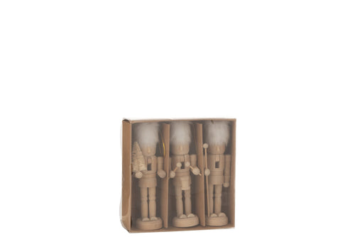 J-Line kersthanger Notenkrakers - hout/bont - naturel/wit - doos van 3