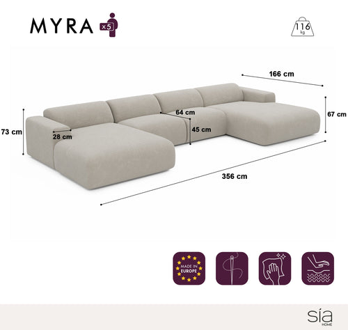 Sia Home - Symmetrische bank MYRA - Fluweel met structuur - Antraciet grijs - 356cm - vtwonen shop