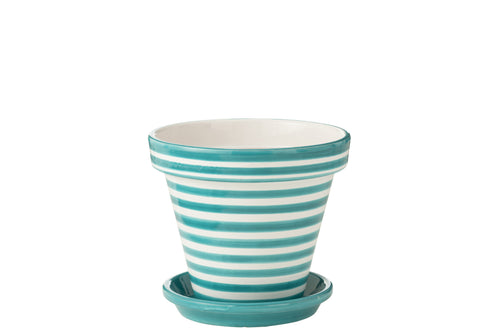 J-Line bloempot Granada Stripes Handmade + Painted - keramiek - aqua - large - Ø 35 cm