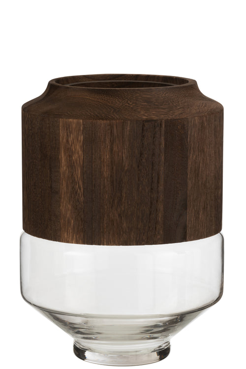 J-Line vaas Rond Hoog - hout/glas - donkerbruin - large - 31 cm hoog