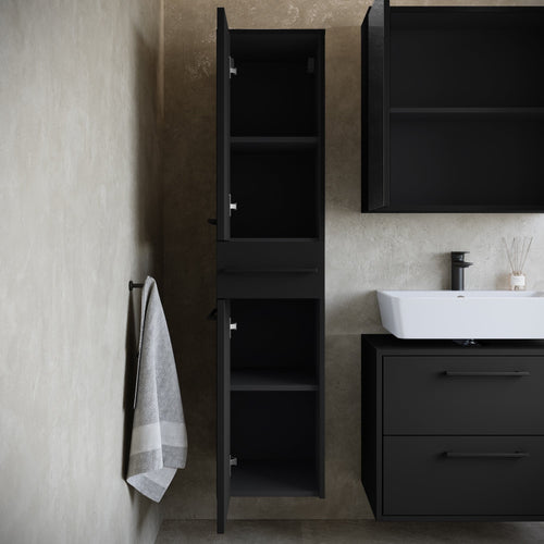 Badplaats Wastafelkast Set Florence 60 x 35 cm – Mat Zwart – Badmeubel met Spiegelkast en Kolomkast