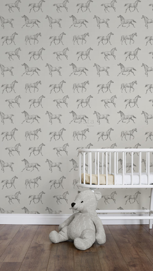 ESTAhome behang getekende paarden donker beige - 53 cm x 10.05 m - 128808