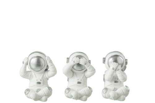 J-Line decoratie Astronauten horen/zien/zwijgen - polyresin - wit/zilver - 3 stuks