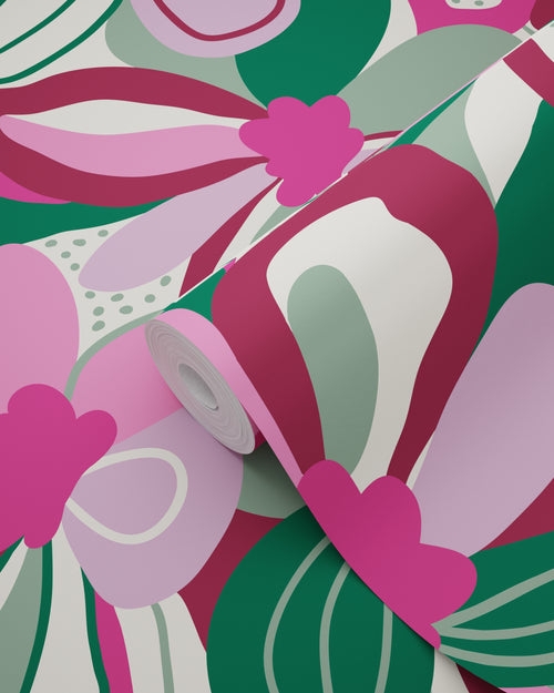 ESTAhome behang bloemmotief fuchsia roze, groen en wit - 50 x 900 cm - 131131
