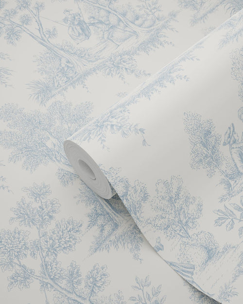 ESTAhome behang toile de jouy print lichtblauw - 50 x 900 cm - 132095