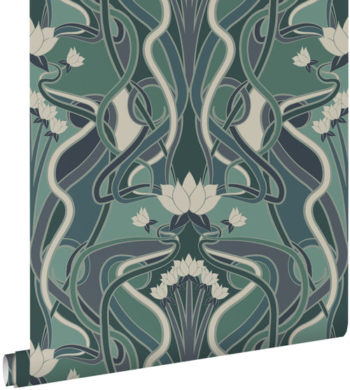 ESTAhome behang vintage bloemen in art nouveau stijl vergrijsd groen en blauw - 50 x 900 cm - 139894 - vtwonen shop