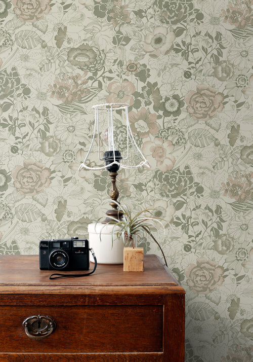 ESTAhome behang vintage bloemen vergrijsd groen - 50 x 900 cm - 139765 - vtwonen shop