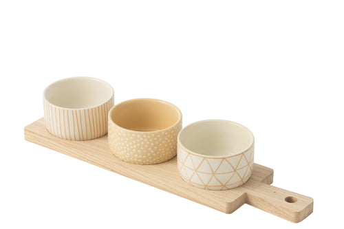 J-Line tapasplank 3 kommen + bambouschaal In Doos - keramiek/hout - wit/creme