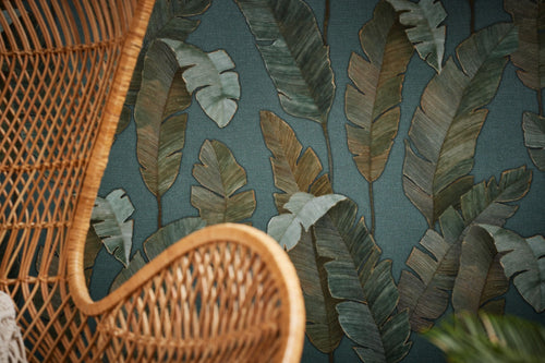 Livingwalls behang bladeren petrolblauw, groen en bruin - 53 cm x 10.05 m - AS-392183