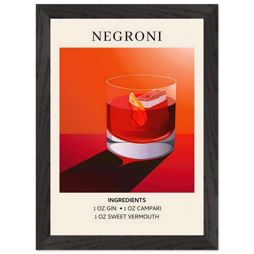 Artfulprints Poster met Lijst Negroni cocktail - Ingrediënten   - A4 21x29.7 cm - Rood